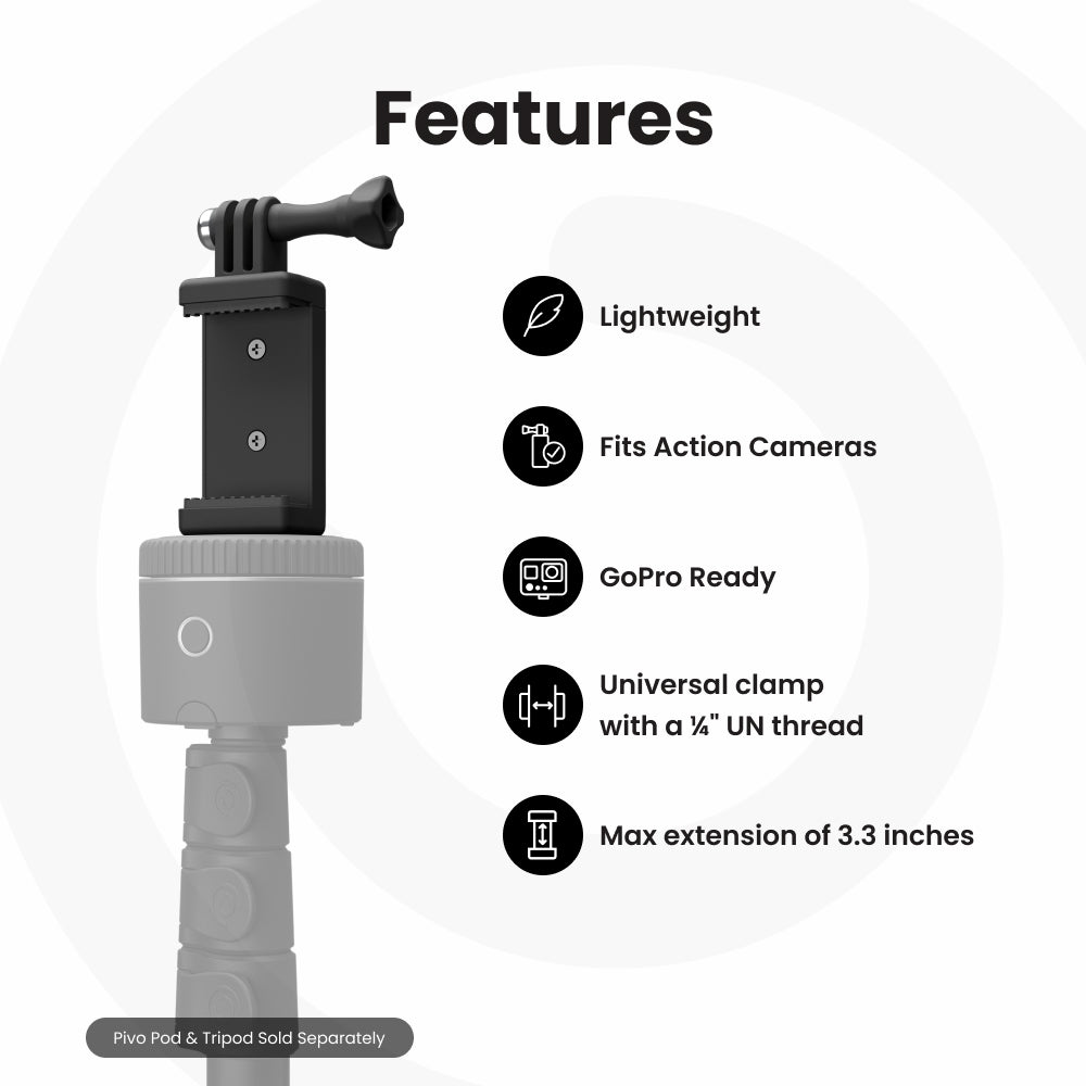 Pivo Action Mount Lightweight Smartphone Holder Stand with Universal Clamp Adapter ¼ inch Thread for GoPro and Action or Mirrorless Cameras
