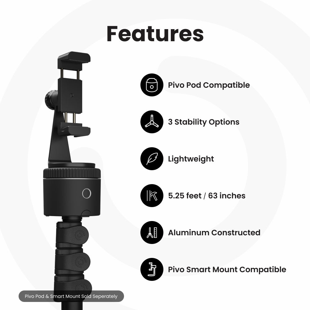 Pivo Tripod - 63-inch Portable & Lightweight Aluminum Stand with Universal 1/4" Thread and 3 Level Option