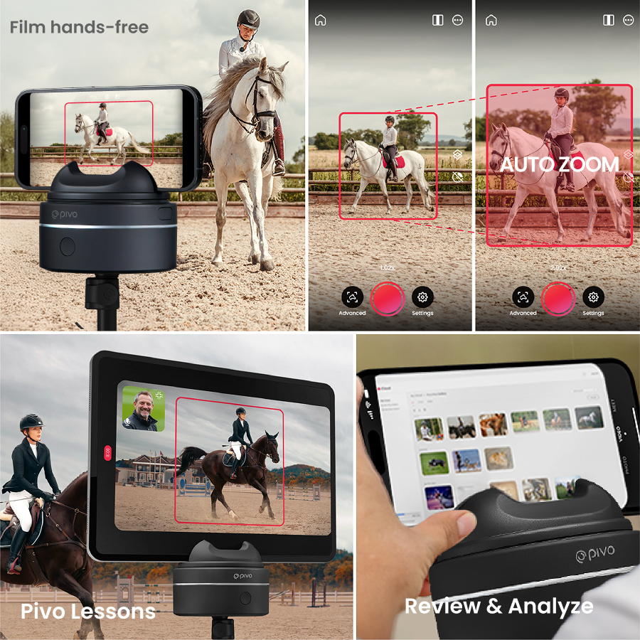 Pivo Equestrian Max Pack with 360° AI horse tracking for smartphones and tablets, featuring real-time coaching and performance analysis.