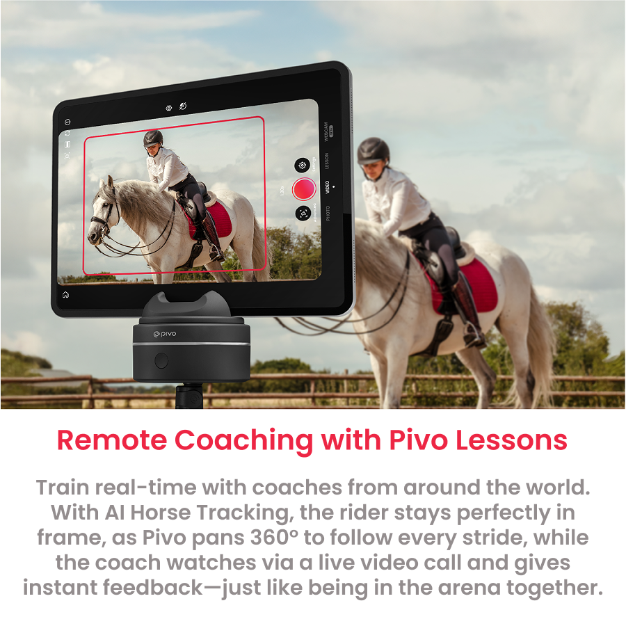 Pivo Equestrian Max Pack with AI 360° horse tracking, smartphone compatibility, and remote coaching features.