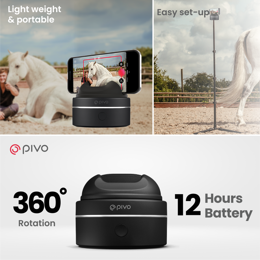 Pivo Equestrian Max Pack with 360° horse tracking, smartphone compatibility, and 12-hour battery.