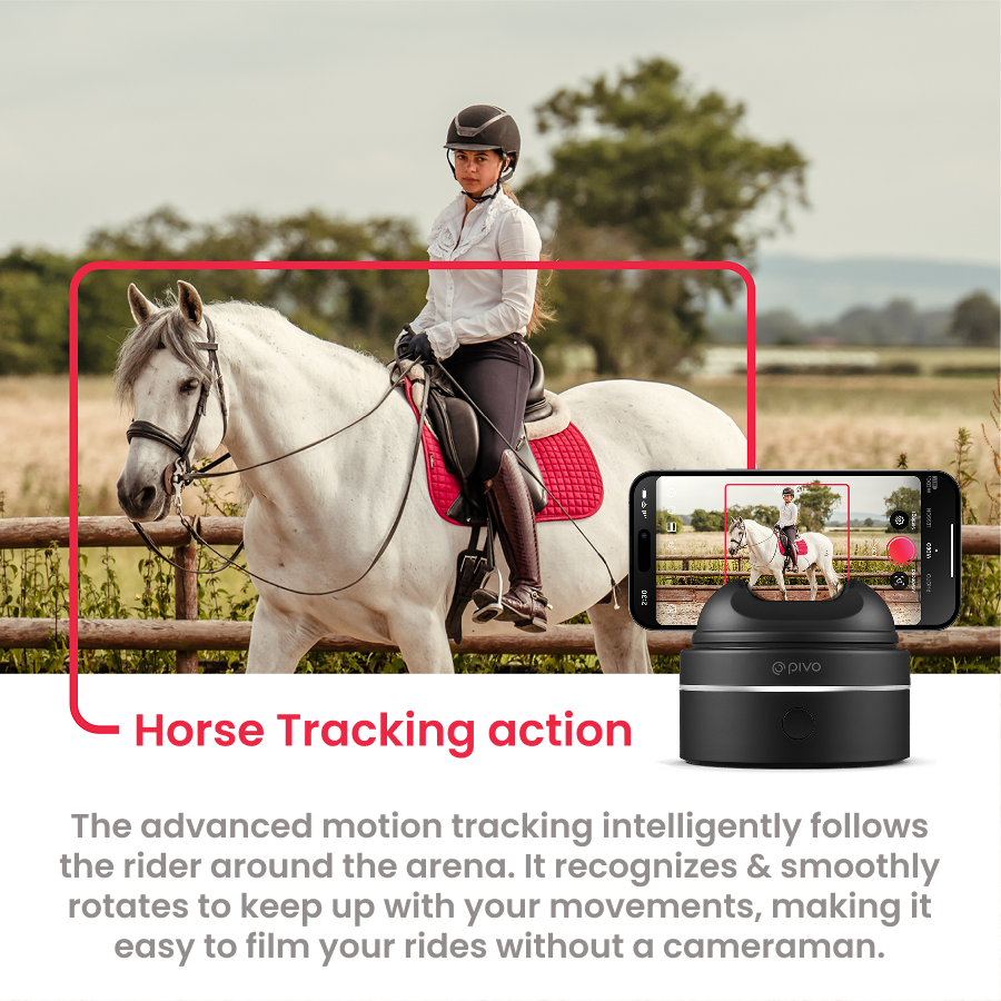Equestrian riding using Pivo Equestrian Max Pack with 360° AI horse tracking feature.